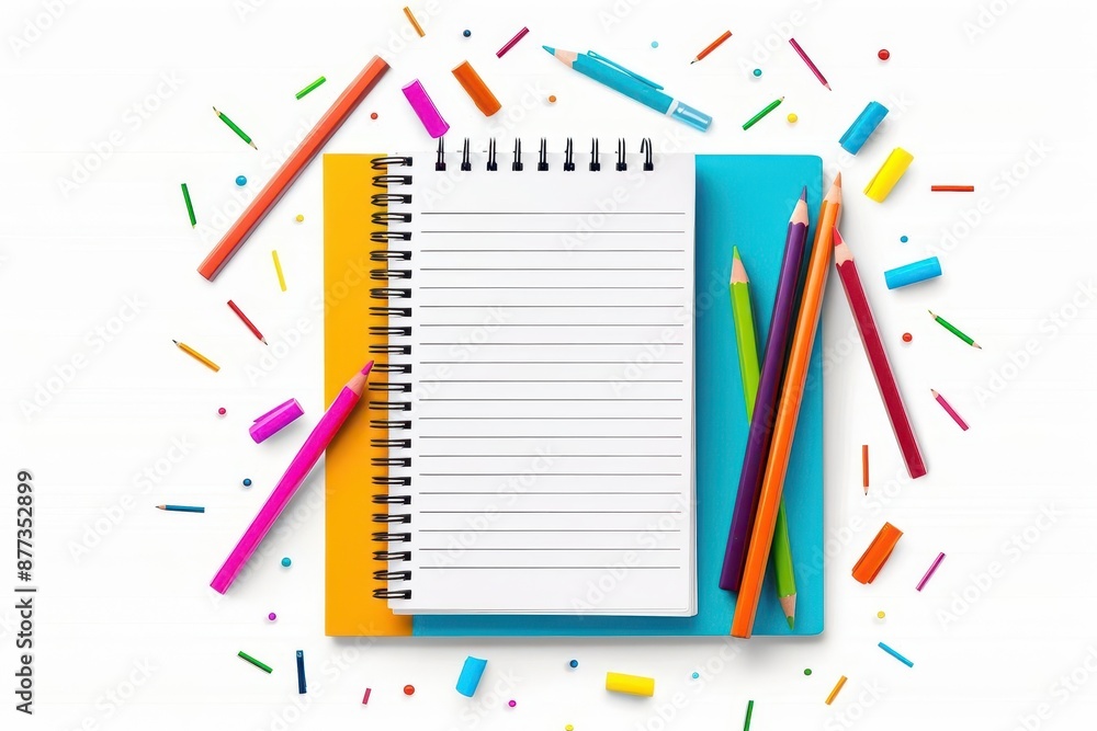 Blank notebook with colorful pencils and confetti on white background Blank notebook with colorful pencils and confetti on white background
