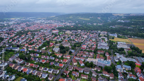 Aerial view around the old town of the city Bad Mergentheim on a cloudy day in Germany.