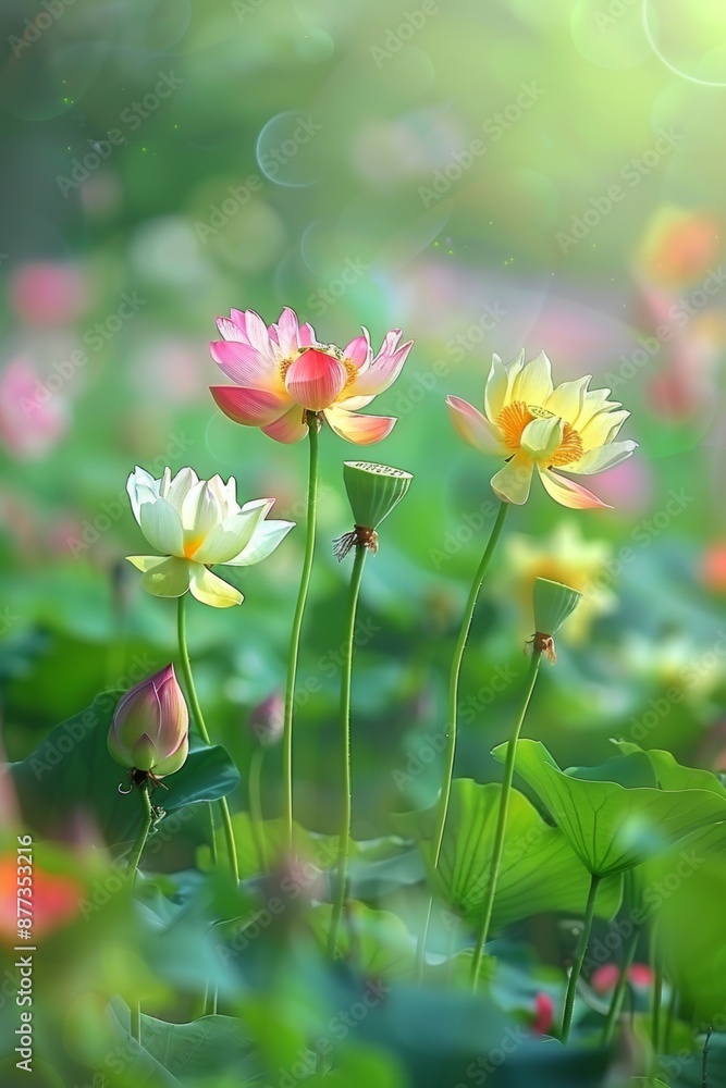 In the early morning, in the lotus pond in the valley, there were several lotus flowers of different colors blooming, one pink, one yellow, one white, and one red, with thick petals and long stems In the early morning, in the lotus pond in the valley, there were several lotus flowers of different colors blooming, one pink, one yellow, one white, and one red, with thick petals and long stems