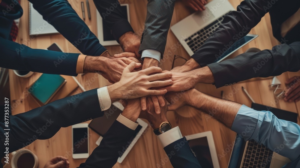 A group of people are holding hands in a circle, with a laptop A group of people are holding hands in a circle, with a laptop
