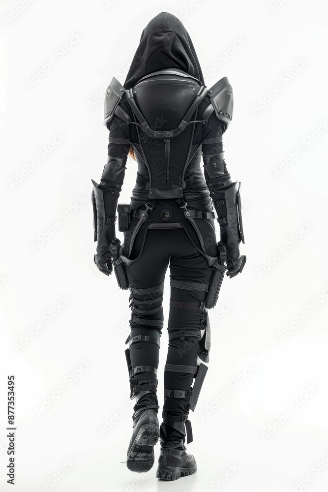 Isolated on white studio background is a full-length portrait of a female soldier wearing black tactical armour facing away from the camera. Isolated on white studio background is a full-length portrait of a female soldier wearing black tactical armour facing away from the camera.