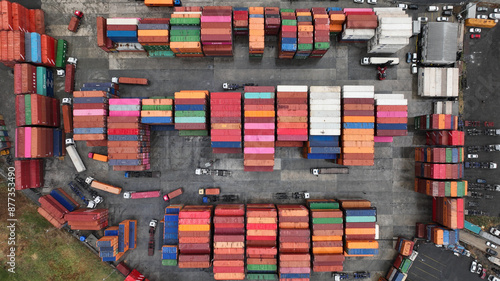 Container stacking at freight and logistic area, Ariel view 
