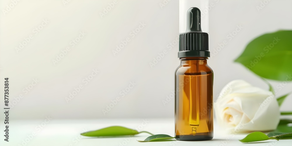 Amber dropper bottle with greenery and petals on natural backdrop for skincare. Concept Skincare Product Photography, Amber Dropper Bottle, Greenery and Petals, Natural Backdrop Amber dropper bottle with greenery and petals on natural backdrop for skincare. Concept Skincare Product Photography, Amber Dropper Bottle, Greenery and Petals, Natural Backdrop