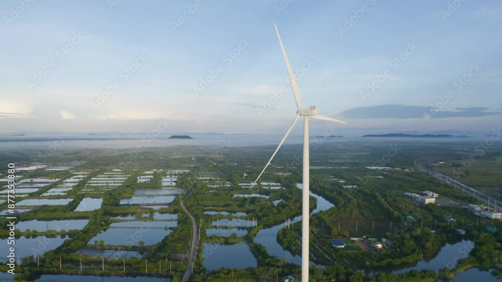 Aerial view of wind turbines or windmills farm field and sea shore beach in industry factory. water power, sustainable green clean energy, and environment concept. Nature innovation. Aerial view of wind turbines or windmills farm field and sea shore beach in industry factory. water power, sustainable green clean energy, and environment concept. Nature innovation.