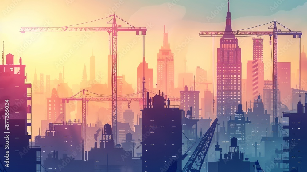 Fototapeta premium Silhouetted Cityscape Under a Sunset Sky