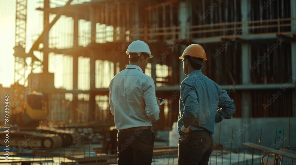 Construction Workers Discussing Plans at Sunset Construction Workers Discussing Plans at Sunset