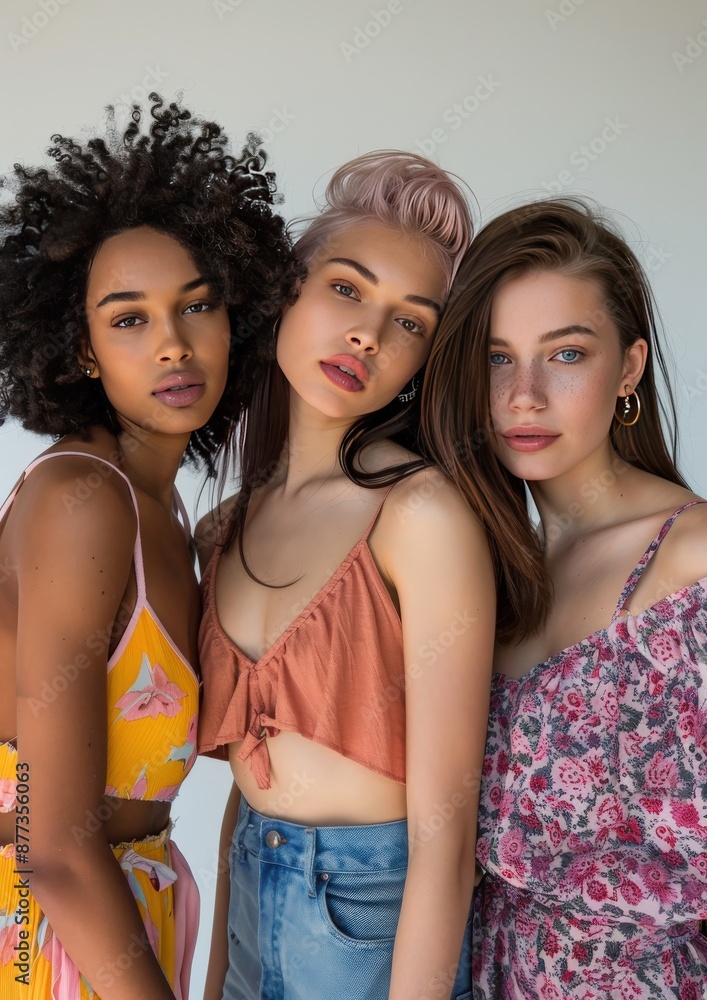 Three women are posing for a photo, with one wearing a yellow top Three women are posing for a photo, with one wearing a yellow top