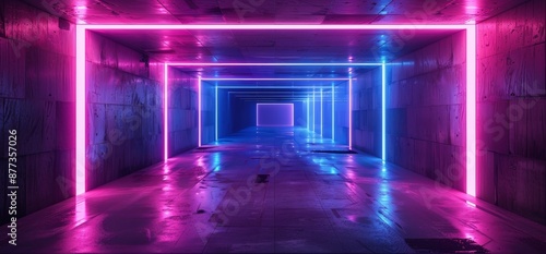 A futuristic sci-fi alien spaceship with a neon glow, neon pink, neon blue, and vivid grunge concrete box shape inside an empty corridor with laser lights © Mark
