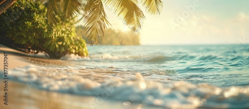 Copy space image of a blurred tropical beach featuring bokeh sunlight waves embodying the essence of outdoor summer holidays with a vintage filter effect