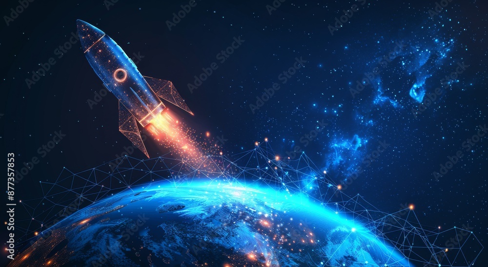 Abstract rocket launching from Earth into space with neon particles Abstract rocket launching from Earth into space with neon particles