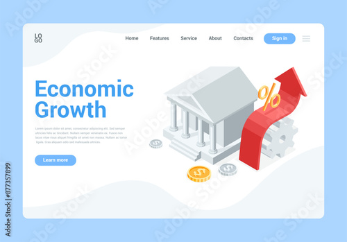 isometric vector landing, bank and up arrow with gears and coins, in color on a white background, banking system or economic growth photo