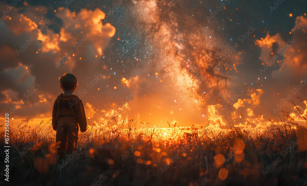 Fototapeta premium Little boy stand in the field under bright milky way galaxy and meteor rain.