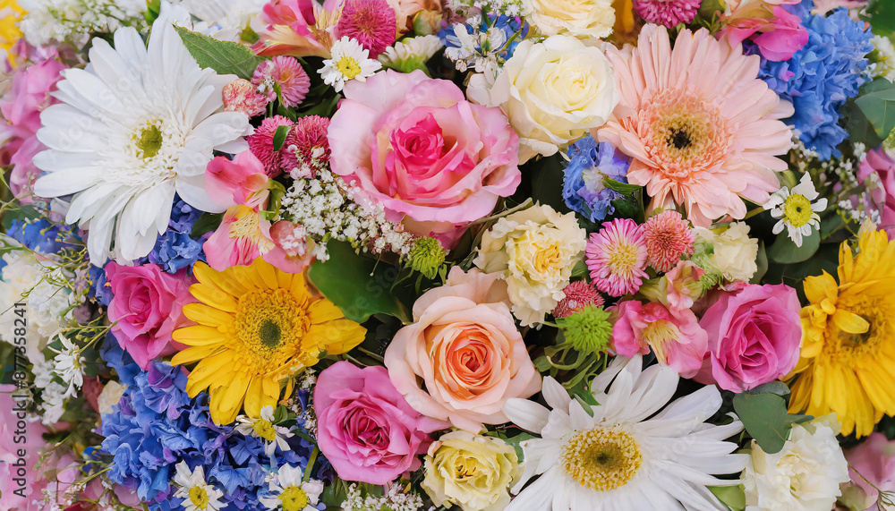 beautiful bouquet of mixed flowers in a vase on wooden table. the work of the florist at a flower shop. a bright mix of sunflowers, chrysanthemums and roses. background on full screen beautiful bouquet of mixed flowers in a vase on wooden table. the work of the florist at a flower shop. a bright mix of sunflowers, chrysanthemums and roses. background on full screen