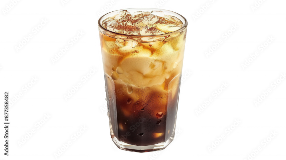 Iced coffee in a glass with ice cubes, transparent background