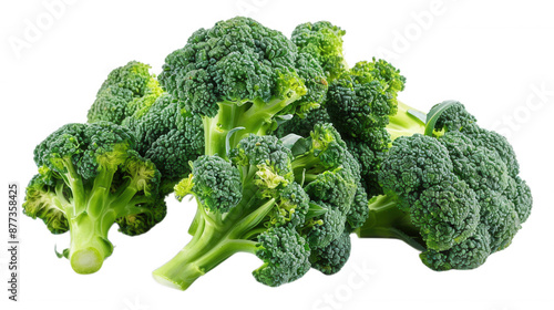 A close-up image of a crown of broccoli florets isolated on a transparent background.
