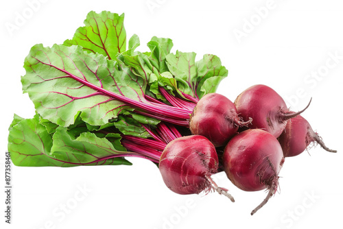 A bunch of fresh organic beets with green leaves, transparent background