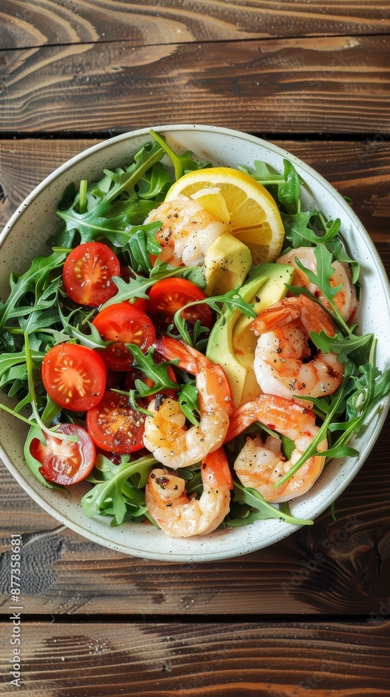 Shrimp salad with avocado, cherry tomatoes, and lemon Shrimp salad with avocado, cherry tomatoes, and lemon