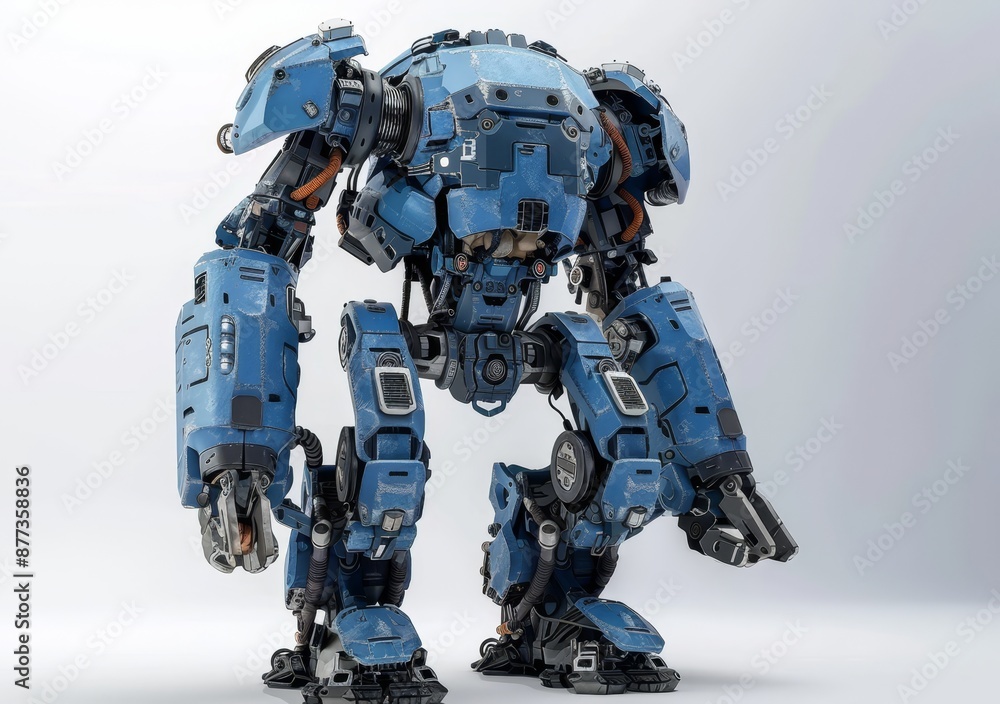 In a dark background with twisted mainbody, a black heavy robot is displayed In a dark background with twisted mainbody, a black heavy robot is displayed