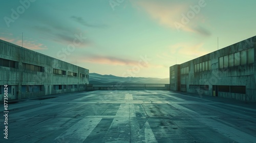Flat composition, symmetrical composition,cinematic film still of,sharp detailed, Flat composition, symmetrical composition, on a school rooftop, In the distance is a near-future urban landscape outdo