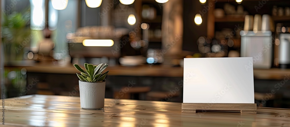 White label mockup for a menu frame in a cafe Booklet stand with sheets tent card on table Blurred background for customer text with copy space image provided White label mockup for a menu frame in a cafe Booklet stand with sheets tent card on table Blurred background for customer text with copy space image provided