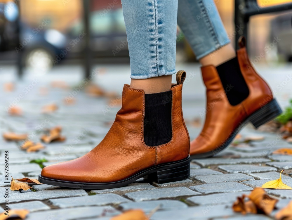 Stylish Brown Boots on a Cobblestone Street Stylish Brown Boots on a Cobblestone Street