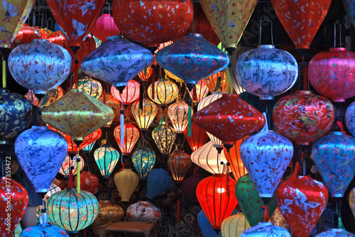 Hoi An traditional color lantern on the street in Vietnam as one of famous scenes  photo