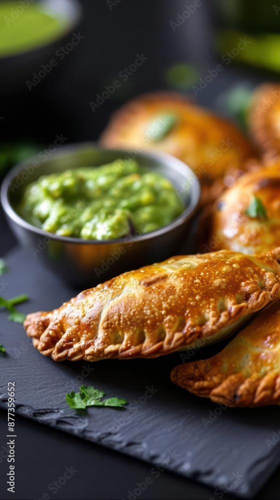Close-up of golden brown empanadas served with guacamole on a black slate. Close-up of golden brown empanadas served with guacamole on a black slate.