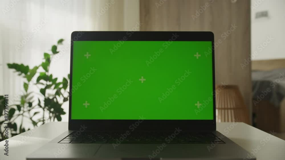 Laptop with Green Screen on Desk in Cozy Home Setting Laptop with Green Screen on Desk in Cozy Home Setting