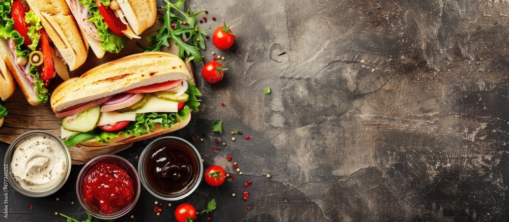 A sandwich presentation with a plethora of ingredients on a wooden board paired with assorted tasty dips next to a blank space for an image. Copy space image. Place for adding text and design A sandwich presentation with a plethora of ingredients on a wooden board paired with assorted tasty dips next to a blank space for an image. Copy space image. Place for adding text and design
