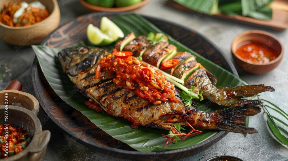 A close-up of a grilled fish on a banana leaf, topped with chili sauce and lime wedges A close-up of a grilled fish on a banana leaf, topped with chili sauce and lime wedges