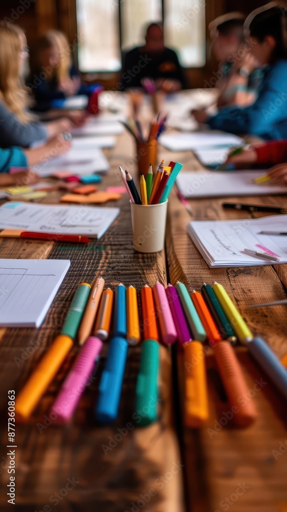 Tutor conducting a creative writing workshop with kids, papers and pens scattered, Kids tutoring, Creative expression Tutor conducting a creative writing workshop with kids, papers and pens scattered, Kids tutoring, Creative expression
