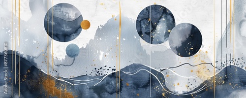 Illustration with gold and blue watercolor isolated on white. Abstract modern print.