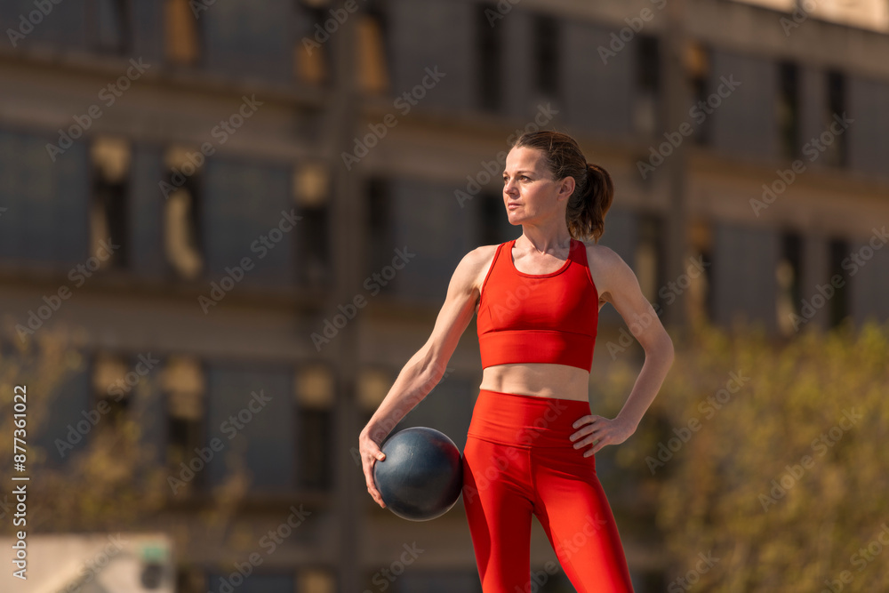 Sporty mid adult woman holding an exercise ball, urban background Sporty mid adult woman holding an exercise ball, urban background