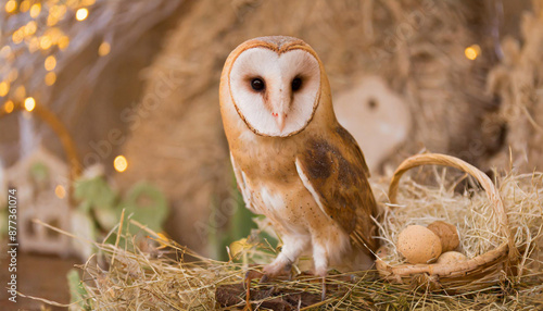 common barn owl ( Tyto albahead ) close up sitting photo