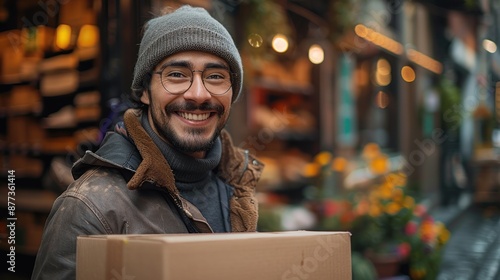 Smiling Man Carrying a Box in a City Street © KRIS