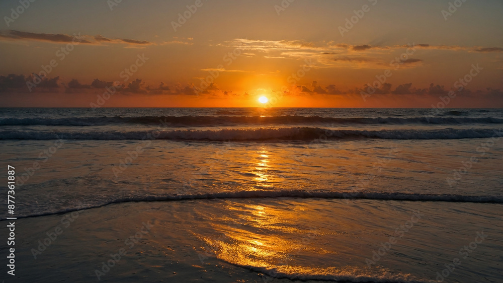Obraz premium Stunning beach sunset with golden hues reflecting on the calm water, creating a serene and peaceful view.