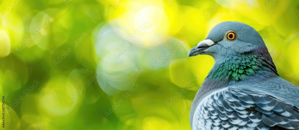 Obraz premium Grey pigeon captured in a close up with a soft focus green backdrop providing ample copy space image