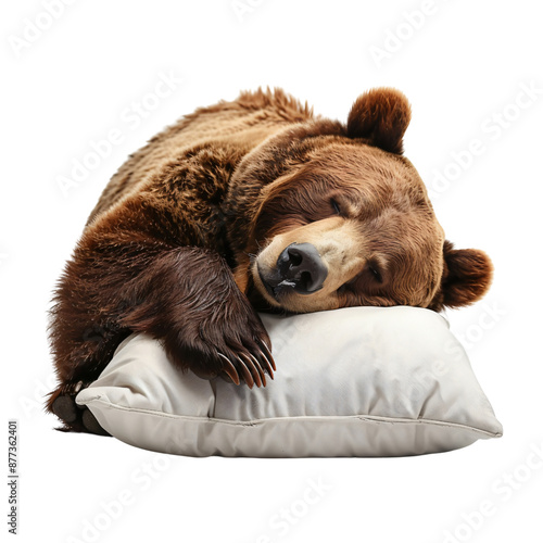 Lazy tired brown bear sleeping hibernation on pillow cozy relaxing isolated on white background
