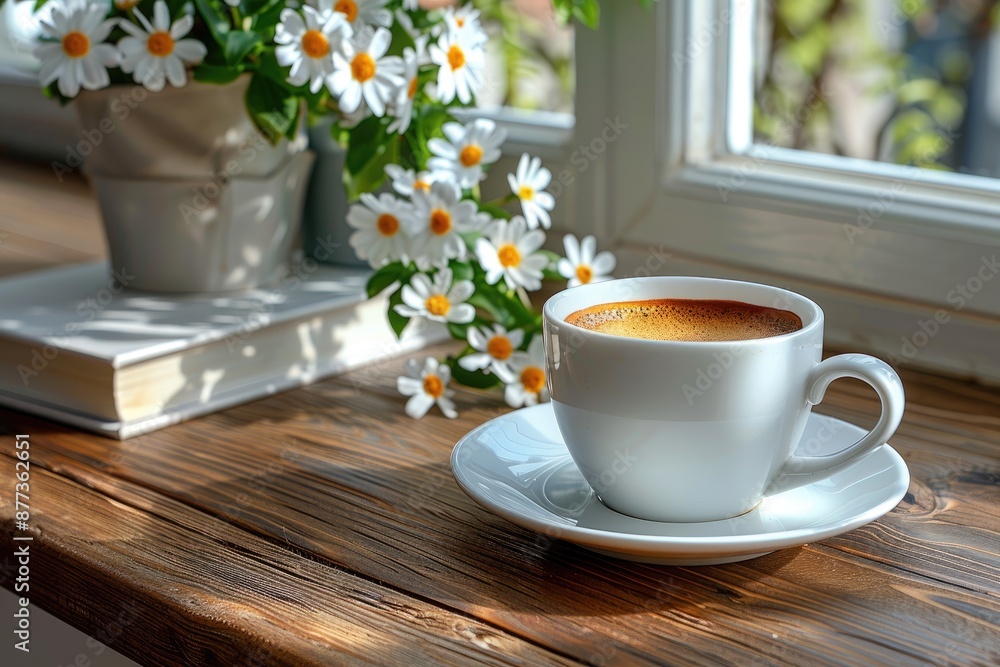Cup of coffee and daisies by the window Cup of coffee and daisies by the window
