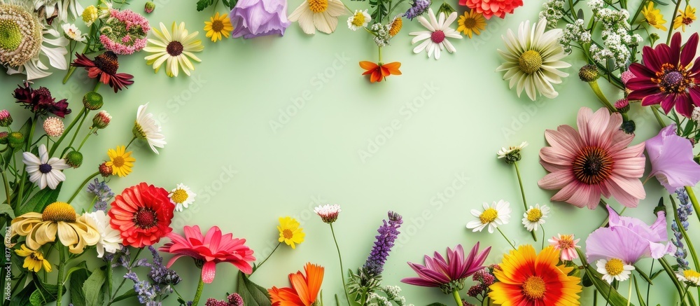Top view of colorful flower rainbow framed with a paintbrush on a light green background drawing assorted garden flowers encapsulating a summer theme with copy space image Top view of colorful flower rainbow framed with a paintbrush on a light green background drawing assorted garden flowers encapsulating a summer theme with copy space image