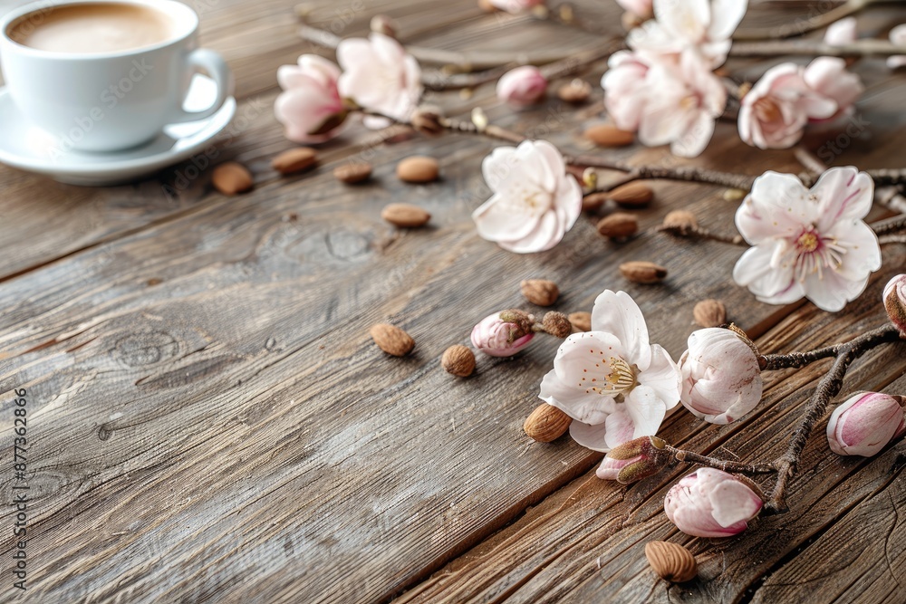 Delicate almond blossoms and nuts arranged on a rustic wooden table with a cup of coffee Delicate almond blossoms and nuts arranged on a rustic wooden table with a cup of coffee