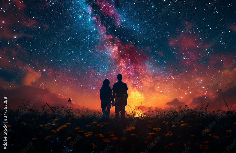Fototapeta premium Lovers couple stand in the field under bright milky way galaxy 