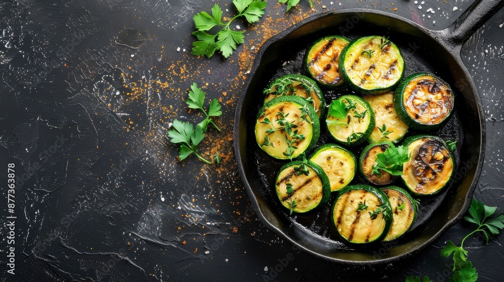 Grilled zucchini slices in a cast iron skillet with herbs and spices Grilled zucchini slices in a cast iron skillet with herbs and spices