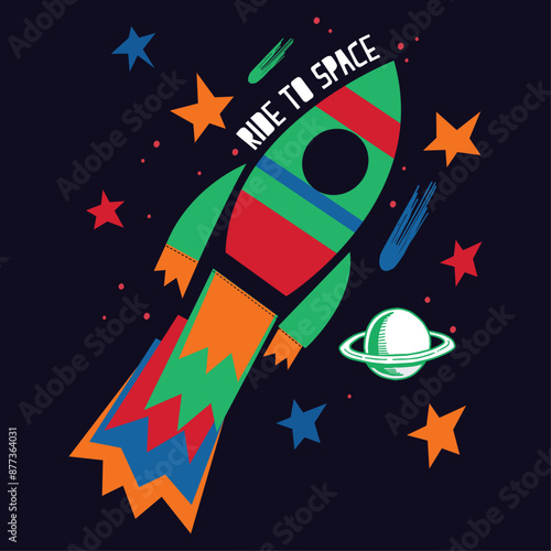 Space slogan graphic, with space theme vector illustrations and sequins. For t-shirt prints, posters and other uses.