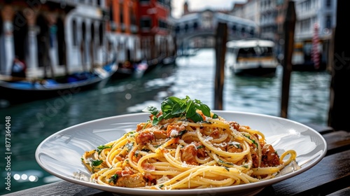 A delicious plate of spaghetti garnished with parsley, set against the picturesque backdrop of a canal with a gondola, showcasing a blend of culinary and scenic beauty.