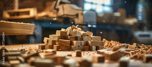 Pile of Wood Cubes in Workshop photo