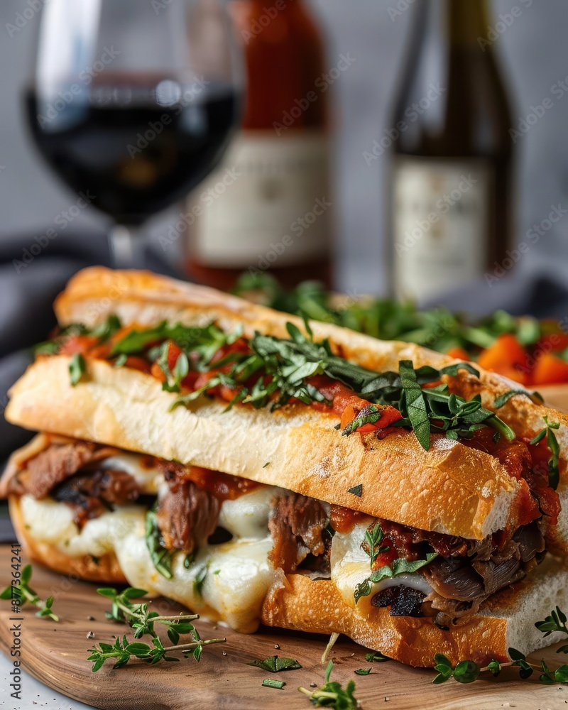 Close-up of a delicious Philly cheesesteak sandwich with melted cheese and peppers. Close-up of a delicious Philly cheesesteak sandwich with melted cheese and peppers.