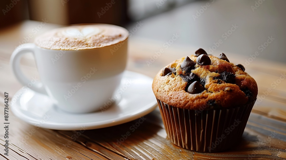 A closeup of an upright, plain white coffee cup with the spout and handle visible on one side, next to it is a chocolate chip muffin in its paper case A closeup of an upright, plain white coffee cup with the spout and handle visible on one side, next to it is a chocolate chip muffin in its paper case
