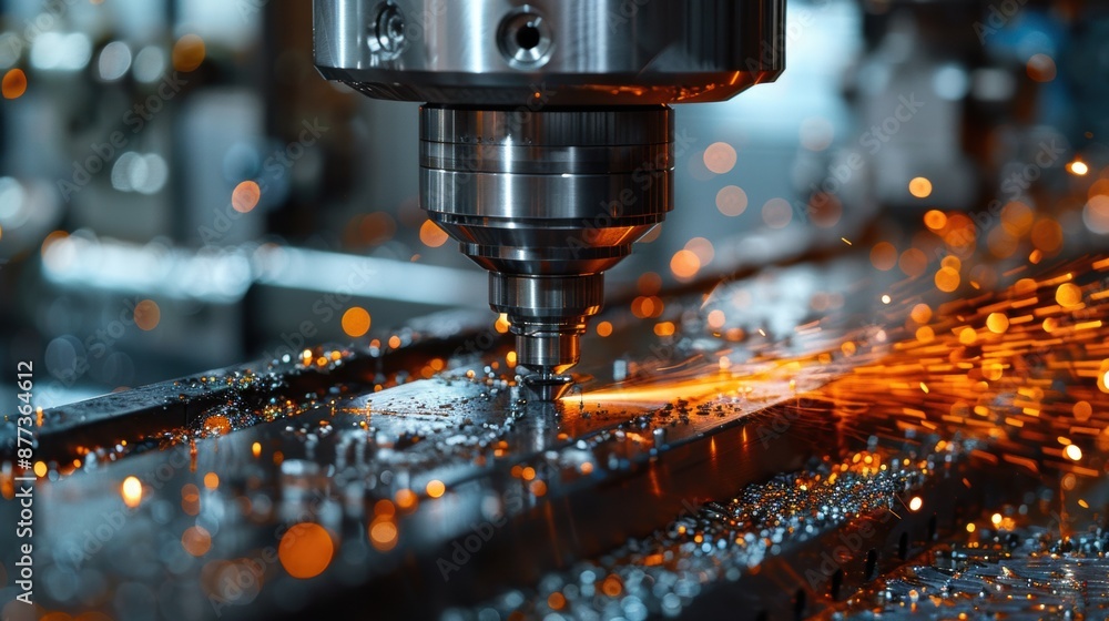 The CNC milling machine cutting the metal part with the sparking light. The hi-technology mold and die manufacturing process. The CNC milling machine cutting the metal part with the sparking light. The hi-technology mold and die manufacturing process.