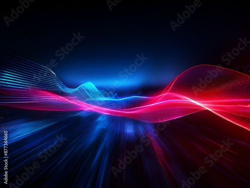 Abstract futuristic background with red blue glowing neon moving high speed wave lines and bokeh lights. Data transfer concept Fantastic wallpaper. Generative AI